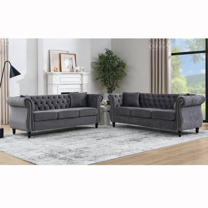 2-Piece Chesterfield Sofa Sets Velvet Upholstered 3-Seater Sofa with Nailhead - Grey