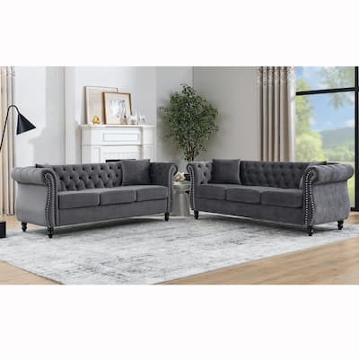 2-Piece Chesterfield Sofa Sets Velvet Upholstered 3-Seater Sofa with Nailhead