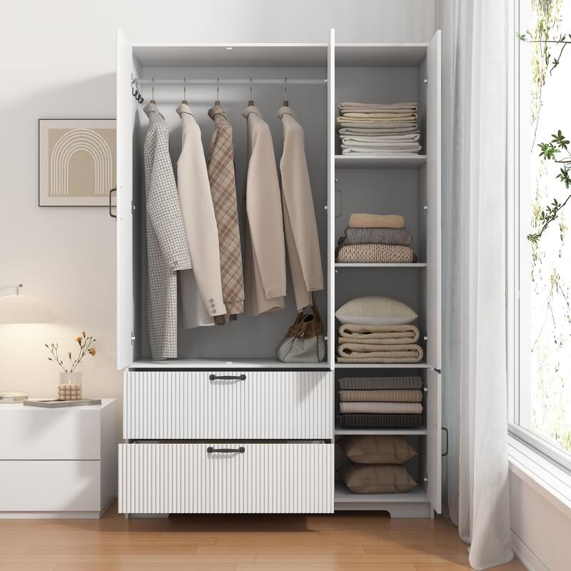 Wardrobe Closet with Automatic Motion Sensor Light, Half-length Mirror Door Armoire Storage Cabinet - White