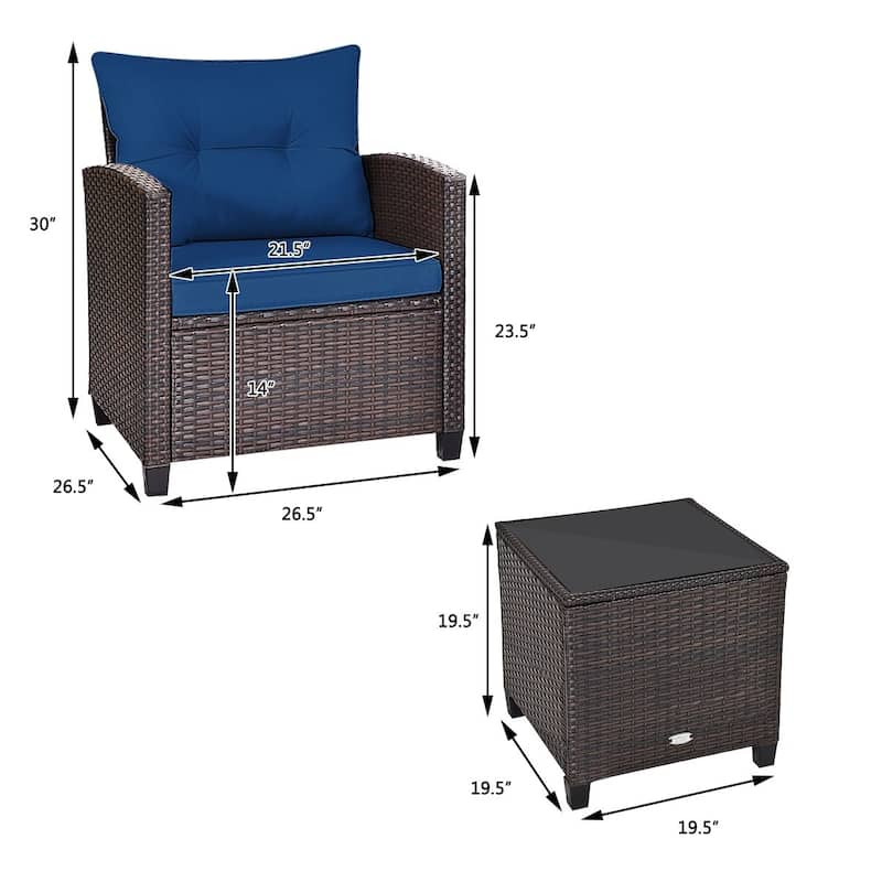 3 Pieces Rattan Patio Furniture Set with Washable Cushion - Chair: 26.5" x 26.5" x 30"