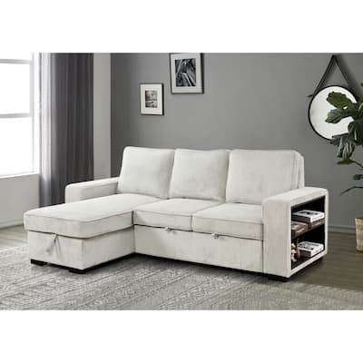 L-Shaped Sectional Convertible Sleeper Sofa Bed with Storage, USB Port & Cup Holder - Beige