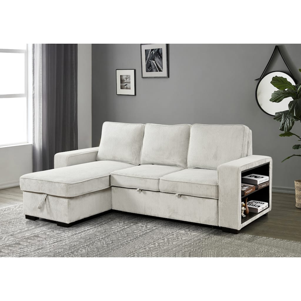 L-Shaped Sectional Convertible Sleeper Sofa Bed with Storage, USB Port & Cup Holder - Beige