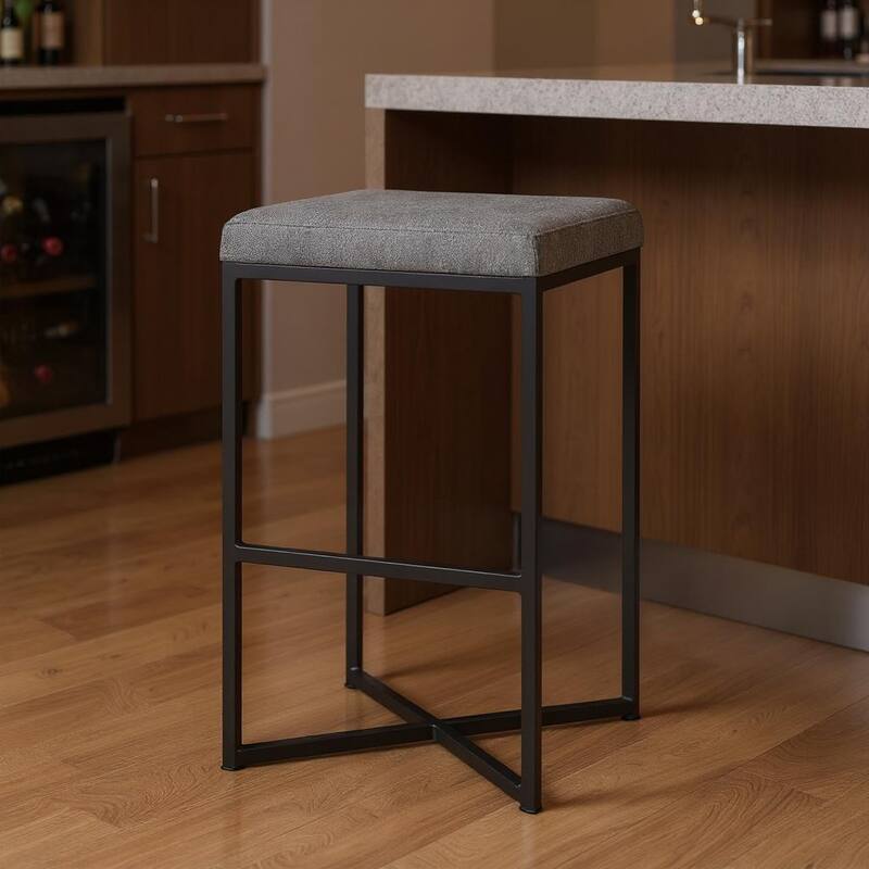 HomeRoots 30" Gray and Black Fabric and Iron Backless Bar Height Bar Chair - Bar Height - Gray - Single