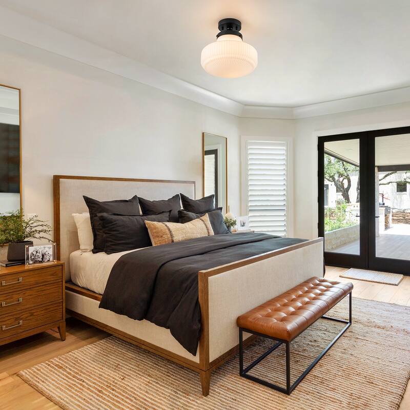 Modern 1-Light Opal Glass Semi Flush Mount - Black - 11-in W x 11-in H