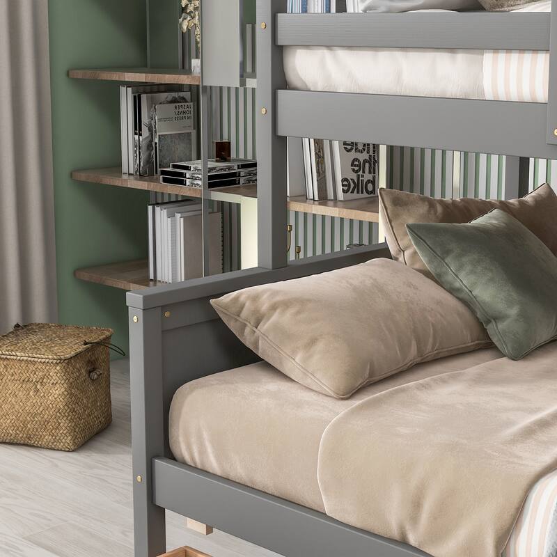 Twin over Full Bunk Bed with Solid Slats, Detachable Wood Beds Frame