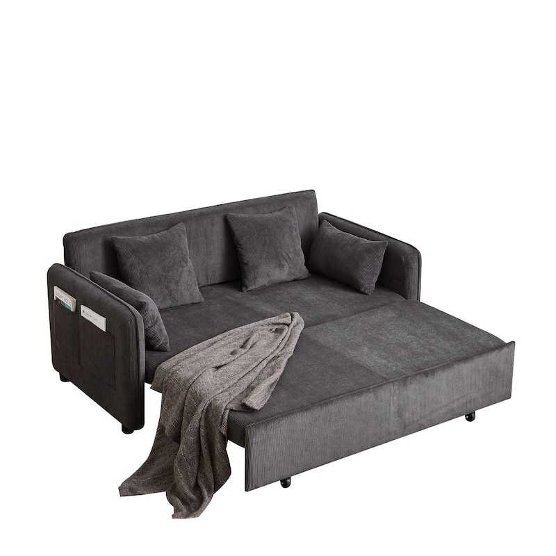 3-in-1 Pull Out Sleeper Sofa Bed, Convertible Corduroy Loveseat Couch with Casters, 4 Pillows and Side Pockets for Living Room