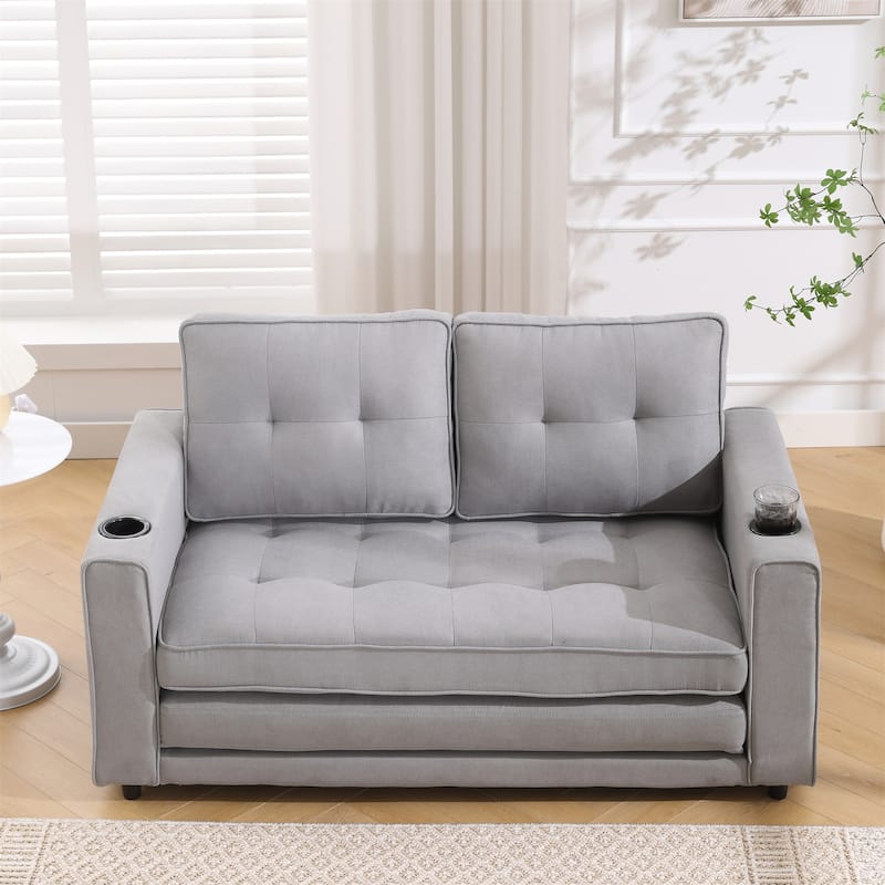 Upholstered Convertible Sofa Bed with Side Pockets and Cup Holder