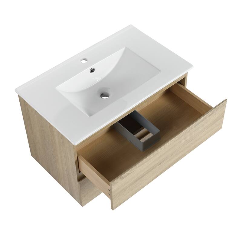 30" Wall-Mounted Bathroom Vanity w/Ceramic Sink,2-Soft Close Drawers
