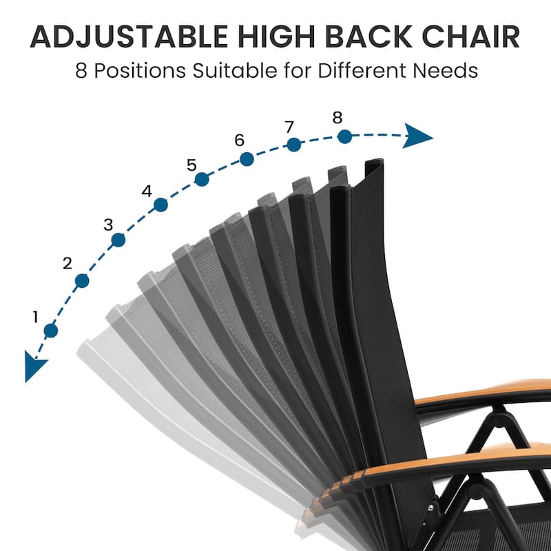 Outdoor Patio Aluminum Folding Chairs Set with Adjustable Backrest, Solid Wood Armrest