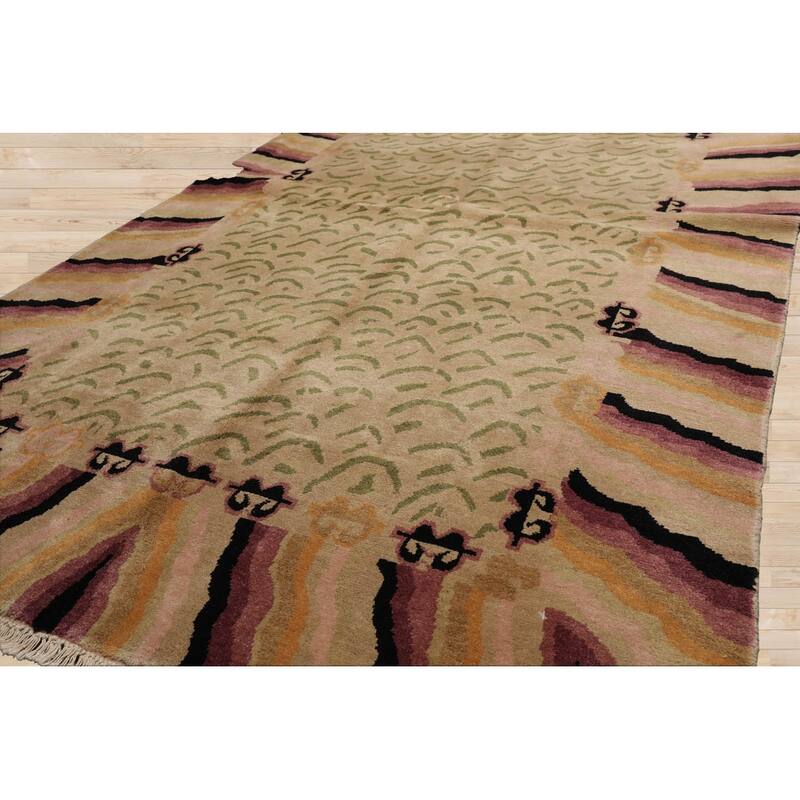 Hand Knotted Beige, Sage Tibetan 100% Wool Modern Oriental Area Rug - 3' 11'' x 7'