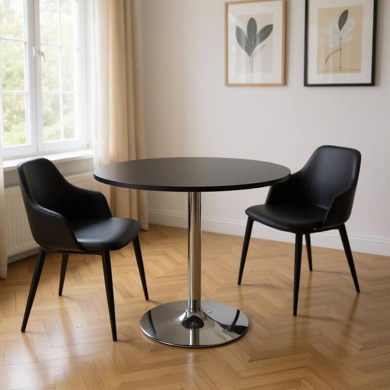 HomeRoots 36" Black and Silver Wood and Metal Pedestal Base Round Top Dining Table - 35.50 in. x 30.00 in. x 35.50 in. - Black - 35.50 in. x 30.00 in. x 35.50 in.
