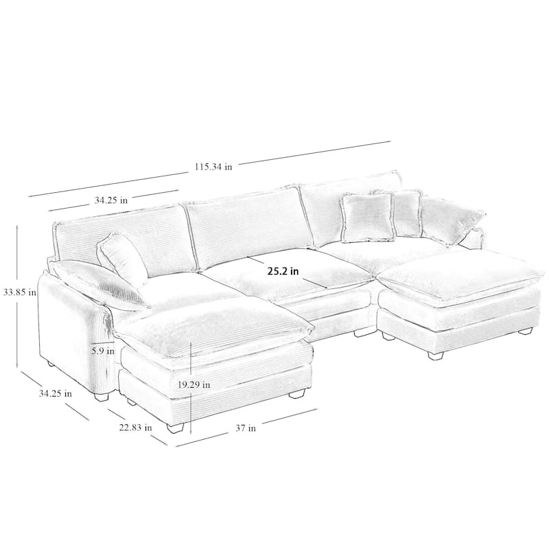 Beige 5-piece Corduroy Upholstered U-Shaped Modular Sectional Sofa with 2 Removable Ottoman, 5 Pillows, and Free Combination