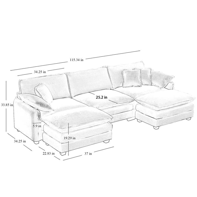 Green 5-piece Corduroy Upholstered U-Shaped Modular Sectional Sofa with 2 Removable Ottoman, 5 Pillows, and Free Combination