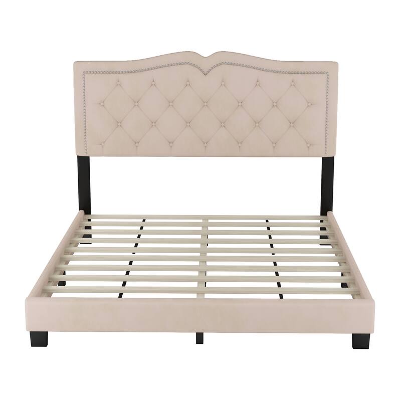 Queen/Full Size Upholstered Bed Frame with Rivet Design, Modern Velvet Platform Bed with Tufted Headboard