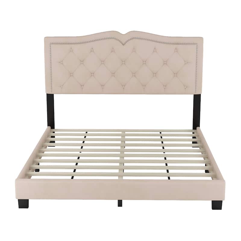 Queen Size Upholstered Bed Frame With Rivet Design, Modern Velvet Platform Bed With Tufted Headboard,Beige