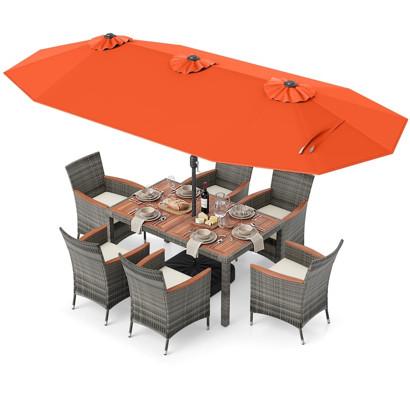 Gymax 8-Piece Patio Dining Set w/ Double-Sided Market Umbrella Acacia - Orange