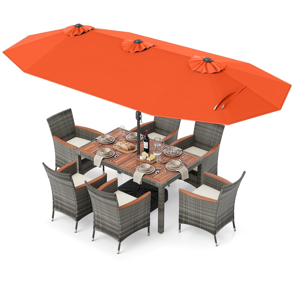 Gymax 8-Piece Patio Dining Set w/ Double-Sided Market Umbrella Acacia