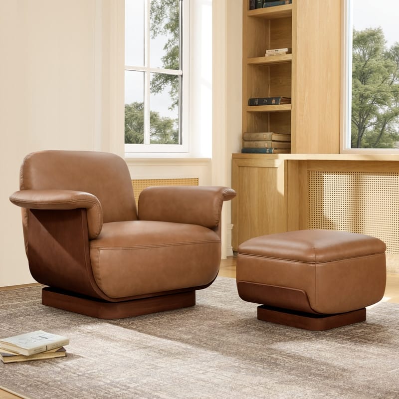 Spruce & Spring Modern Rounded Swivel Accent Chair & Storage Ottoman Set Living Room Set - Single - Saddle-Genuine Leather