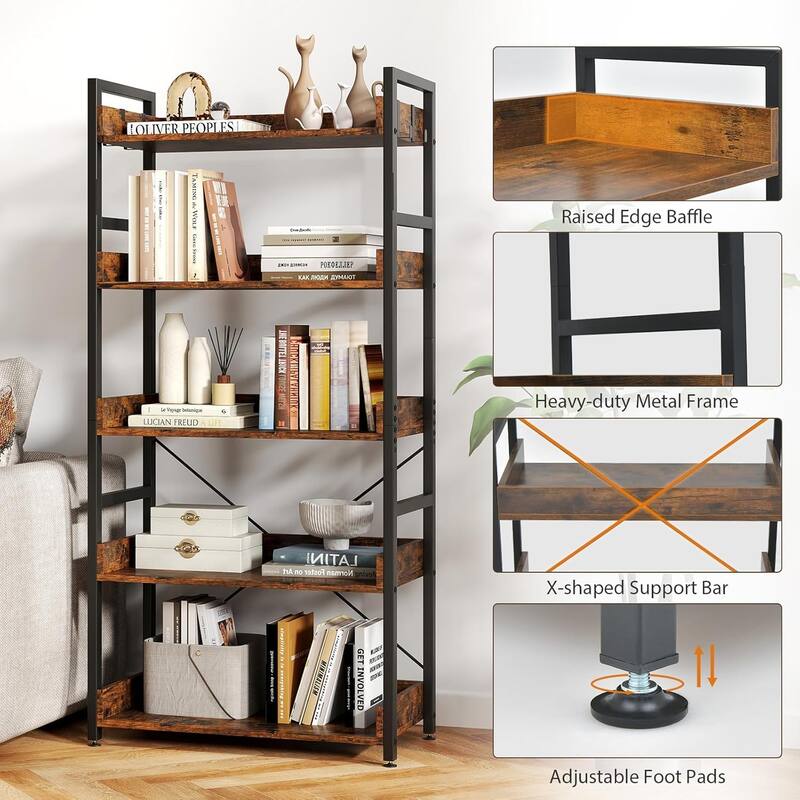 1/2 pcs 5-Tier Bookshelf Tall Freestanding Display Shelf w/ 4 Hooks