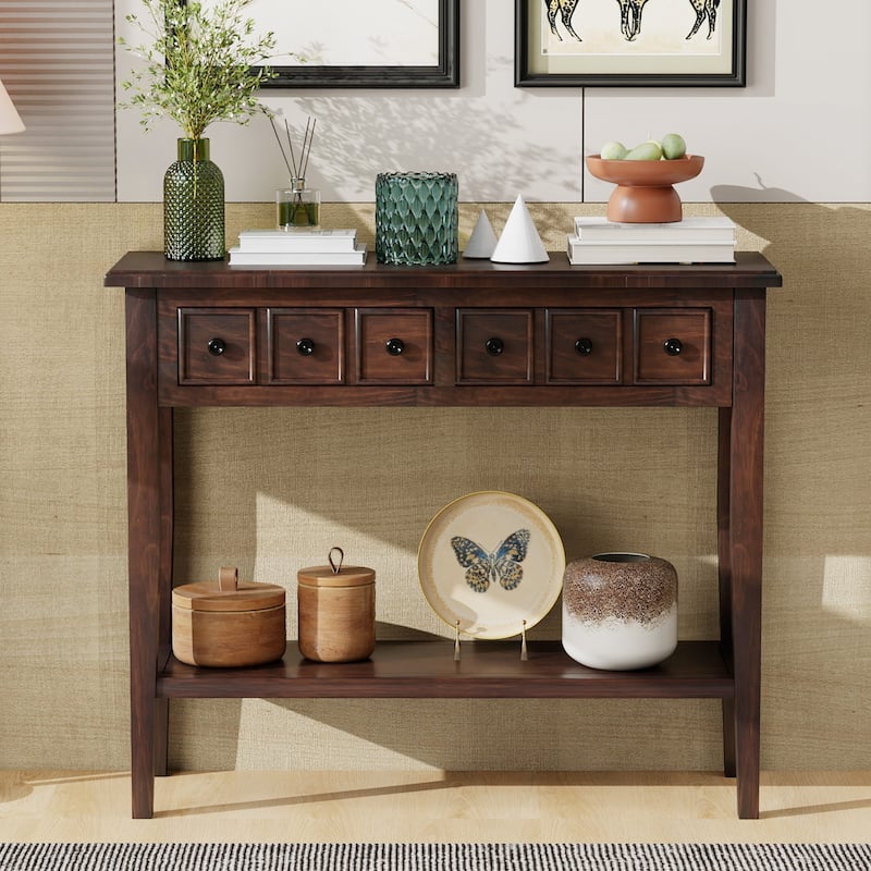 Rustic Console Table with Open Shelf and Rubber Wood Legs