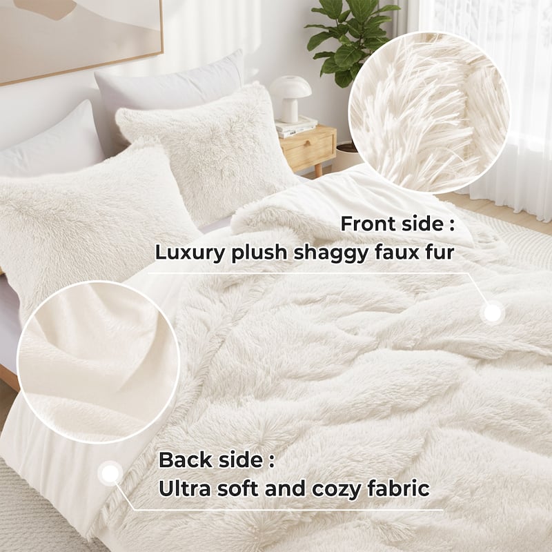 Fluffy Shaggy Reversible Faux Fur Comforter Set, Fuzzy Plush Bedding Set