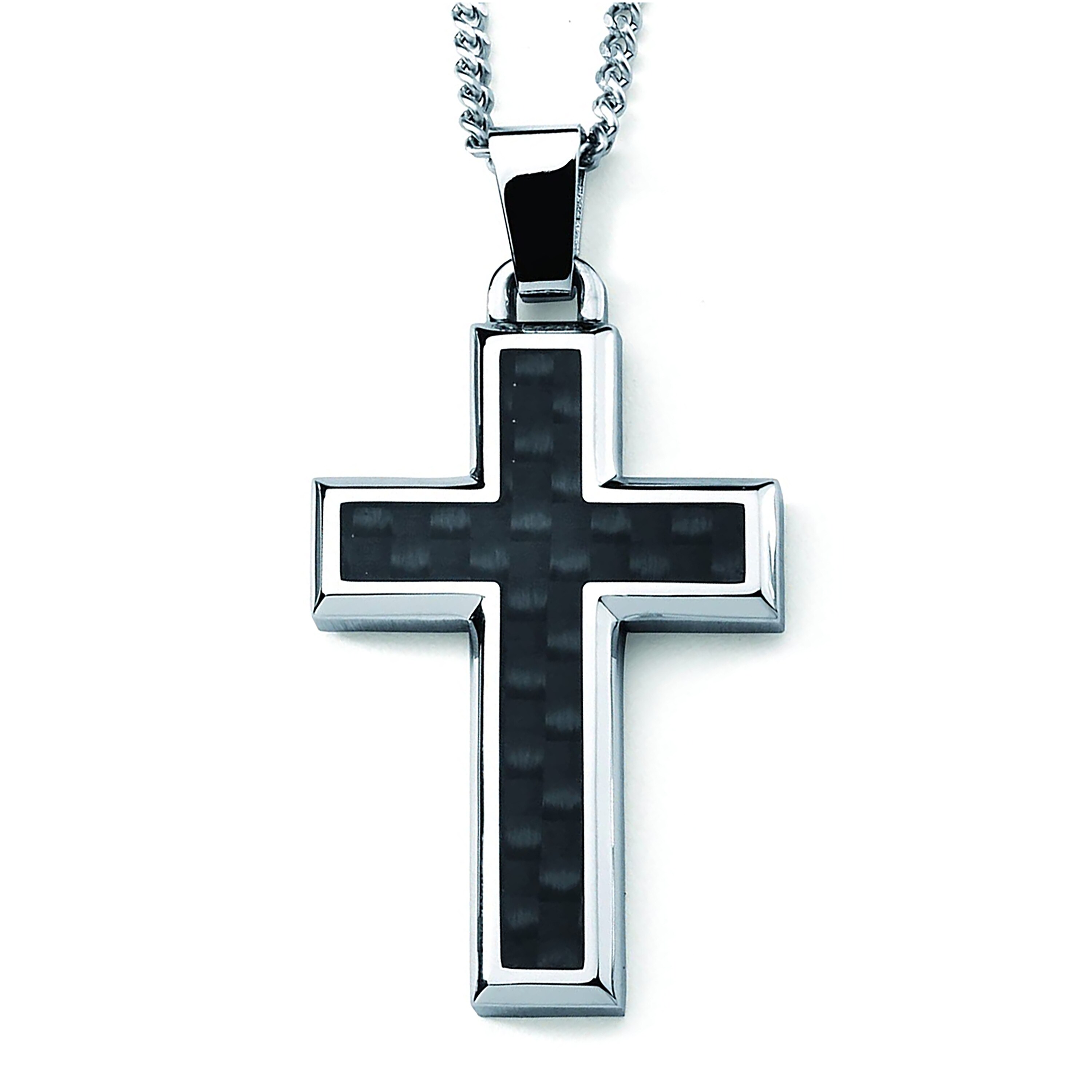 Stainless Steel Polished Solid Black Carbon Fiber Cross Crucifix Necklace Stainless Steel Polished Solid Black Carbon Fiber Cross Crucifix Necklace