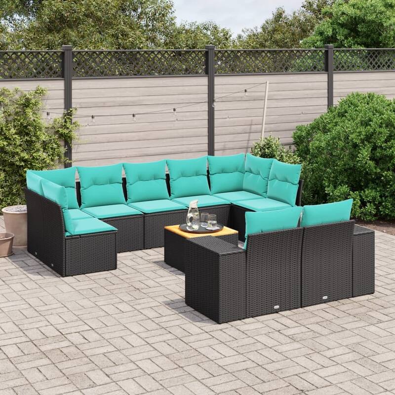 vidaXL Patio Sofa Set with Cushions Outdoor Furniture 10 Piece Poly Rattan - 24.4x 24.4x 27.2 - Black-2x corner+5x middle+table+2x sofa