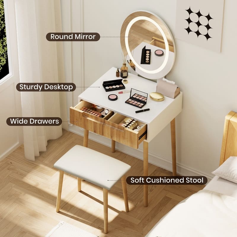 Small Vanity Desk with Mirror and Lights, Wooden Handles with Cushioned Stool