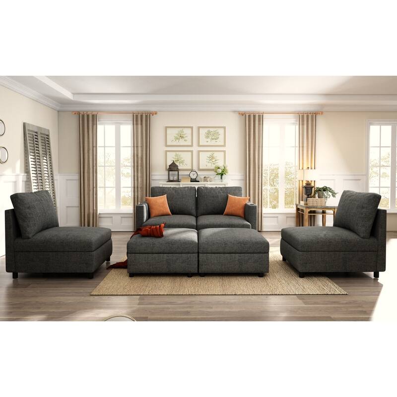 Oversized Sectional Sofa Set, Convertible L Shaped Couch Sofa Bed with Storage, 6 Seater Modular Sofa with Ottomans and Chaise