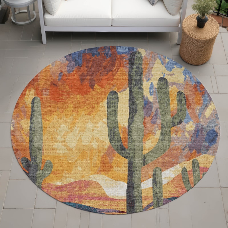 Machine Washable Indoor/ Outdoor Desert Inspiration Chantille Rug - Terracotta - 8' x 8'