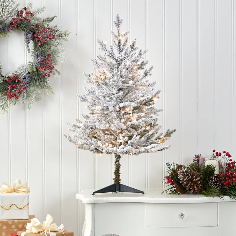 3’ Pre-Lit Flocked Fraser Fir Artificial Christmas Tree, Clear LED Lights - 3 Foot