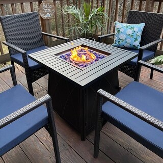 PHI VILLA 28" Gas Fire Pit Table with 4 Rattan Chairs, 5 Piece Propane Fire Pit Setwith 5Kg Fire Glass