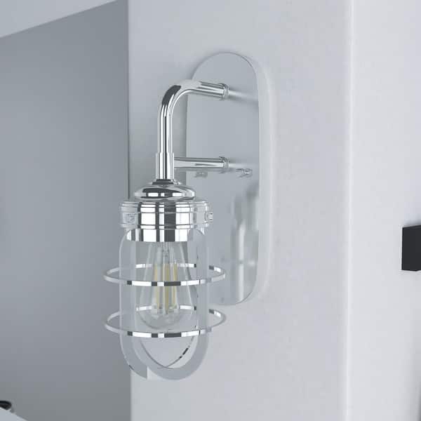 slide 2 of 9, Hunter Starklake 1 Light Wall Sconce, Damp Rated, Industrial, Cage, Rustic Chrome