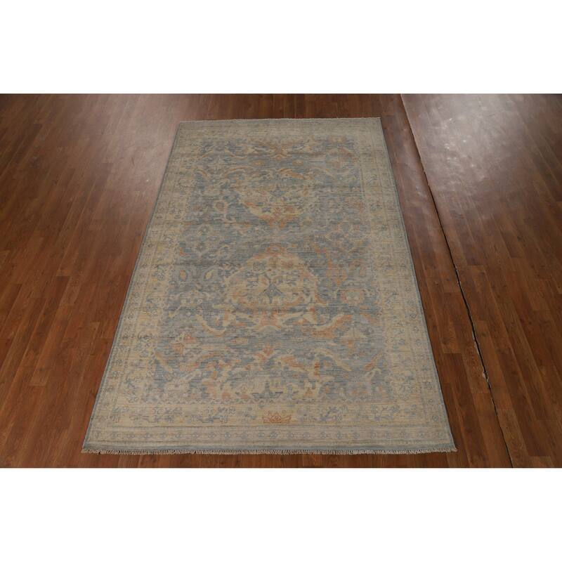 Vegetable Dye Floral Oushak Turkish Area Rug Blue Handmade Wool Carpet - 5'0"x 7'11"