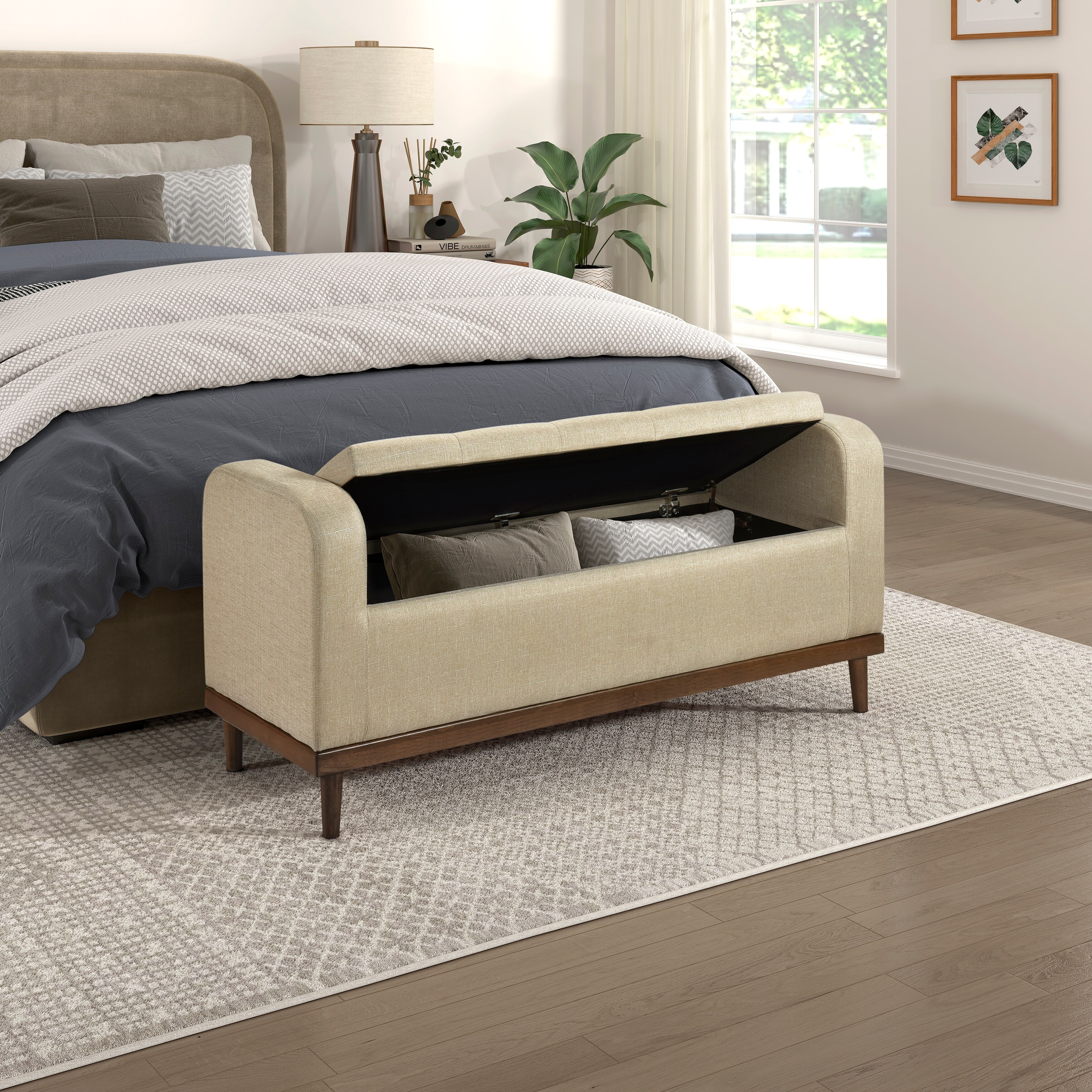 Lift-Top Storage Bench, Button Tufted Upholstered End of Bed Bench, Entryway Bench with Hidden Compartment & Solid Wood Legs