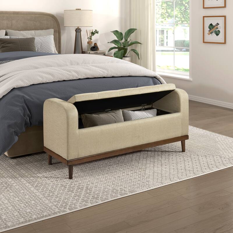 Lift-Top Storage Bench, Button Tufted Upholstered End of Bed Bench, Entryway Bench with Hidden Compartment & Solid Wood Legs - Light Brown
