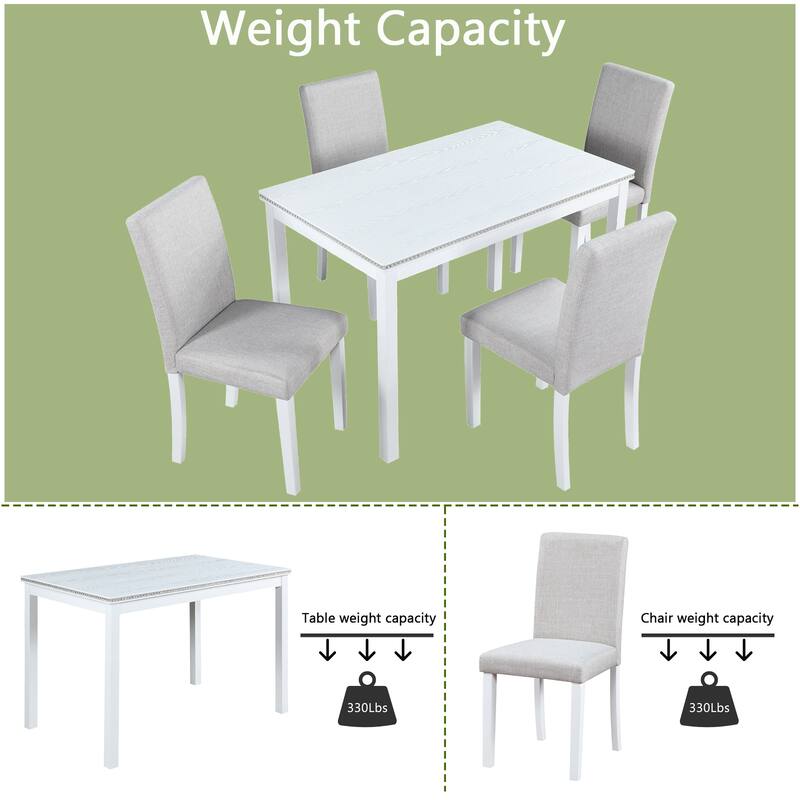 5-Piece, Modern Dining Table Set with Crystal-Embellished Dining Table and 4 Upholstered Dining Chairs, for Dining Rooms, White