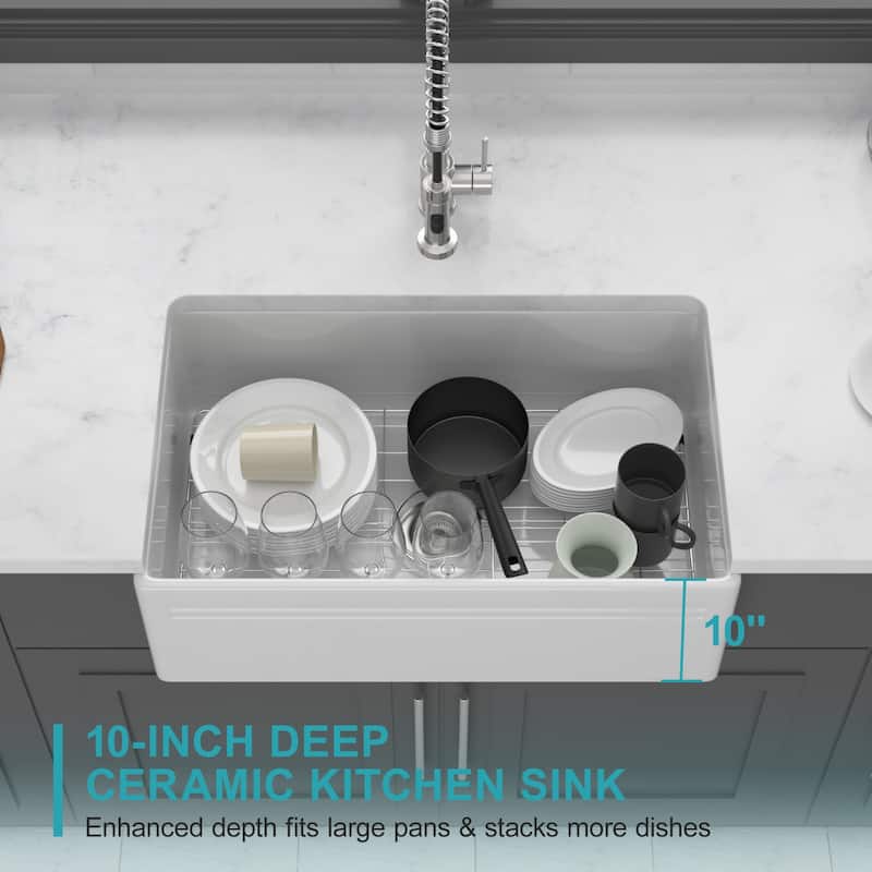 30" White Farmhouse Sink - Kitchen Sink Apron-front White Porcelain Ceramic Reversible Single Bowl Kitchen Farm Sinks