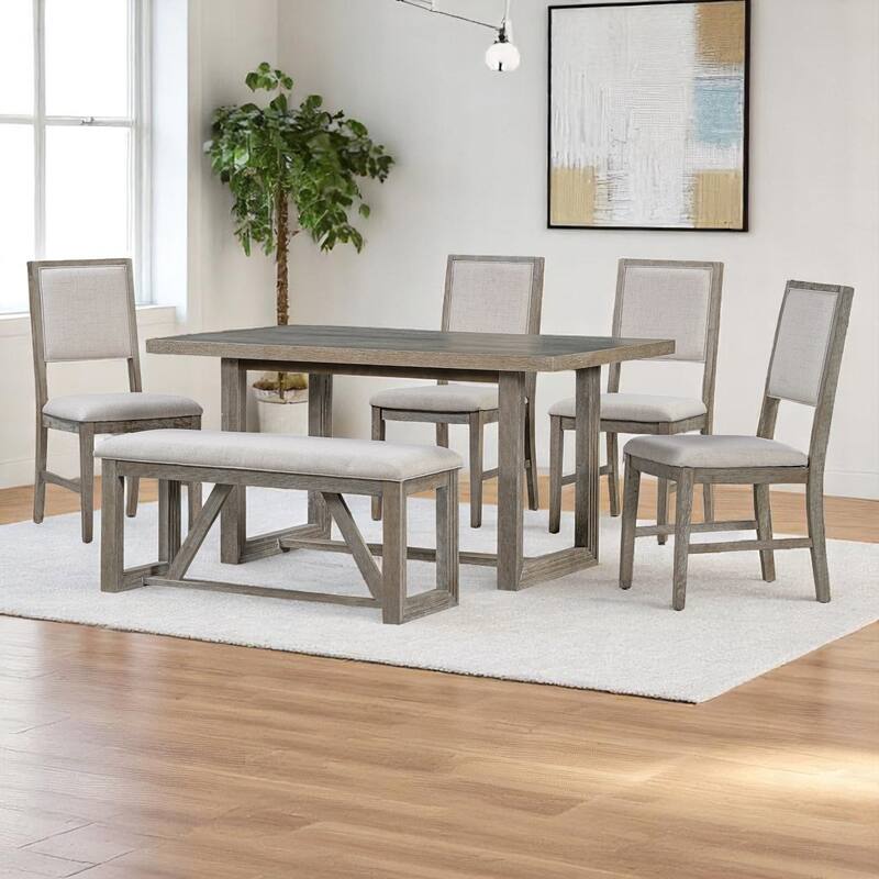 6-Piece Dining Table Set for 6, 60" Wooden Kitchen Table with 4 Chairs & Bench - Rubberwood Frame for Dining Room & Kitchen