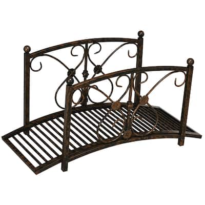 Vintage Style Curved Steel Garden Bridge with Decorative Side Rails for Ponds Walkways and Gardens Rust Brown