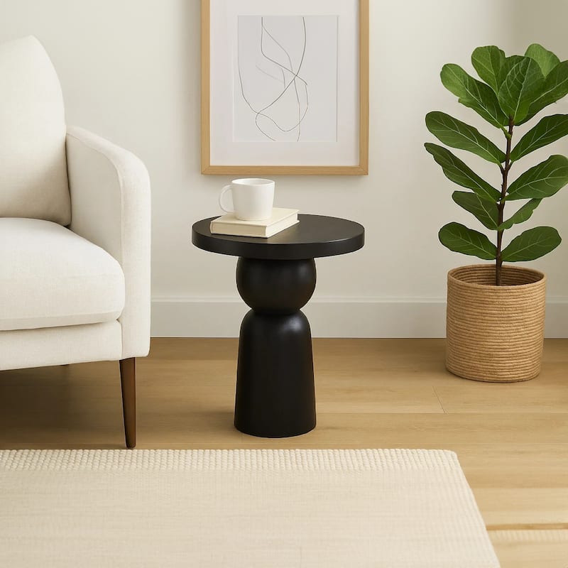 Tia 12 Inch Round Side End Table with Turned Pedestal Base, Mango Wood in Matte Black Finish