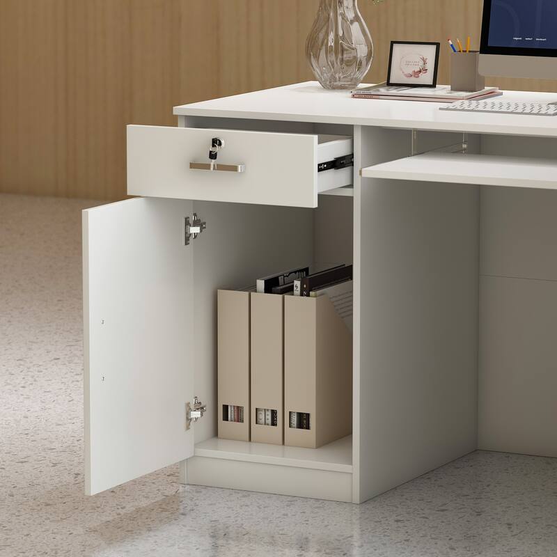 Timechee 55.1"W LShape Wood Reception Desk Computer Desk Keyboard Tray
