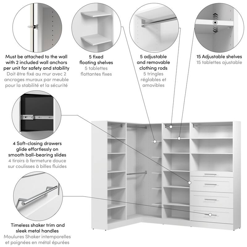 Bestar Florence 95W x 61D L Shaped Walk-In Closet System, Shaker