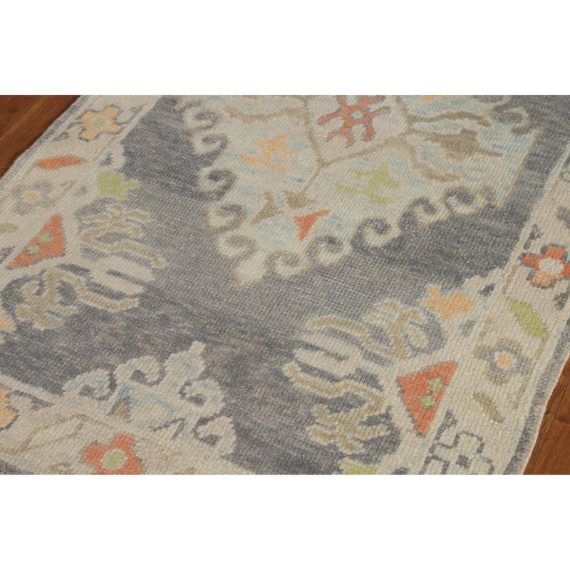 Hand Knotted Oriental 100% Wool Carpet Transitional Geometric Greys & Charcoal Oushak Runner Rug - 8' 4'' X 3' 1''