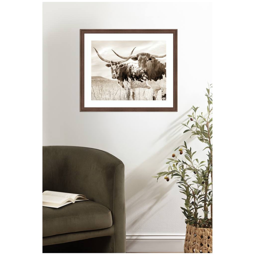 Kate and Laurel Sepia Texas Longhorn Cattle in Pasture by The Creative Bunch Studio Framed Wall Art Print