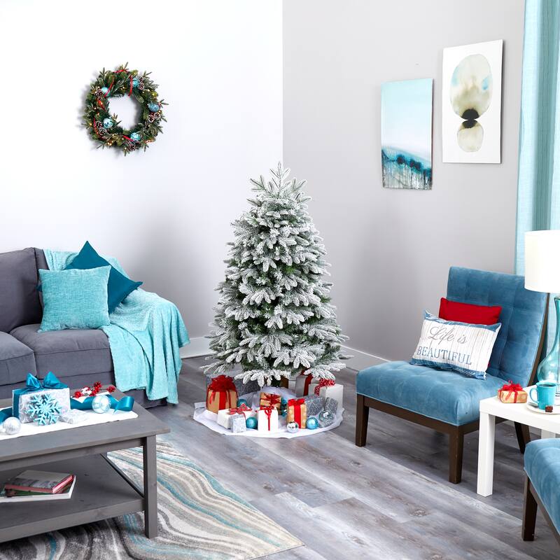 5' Flocked Colorado Mountain Fir Artificial Christmas Tree with 300 Warm White Microdot (Multifunction) LED Lights