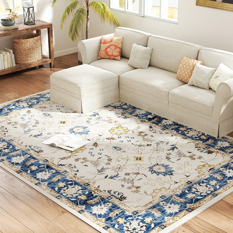 HOMCOM Area Rug 8x10, Machine Washable Rug, Non-Slip Boho Floral Print Floor Cover Foldable Carpet for Living Room