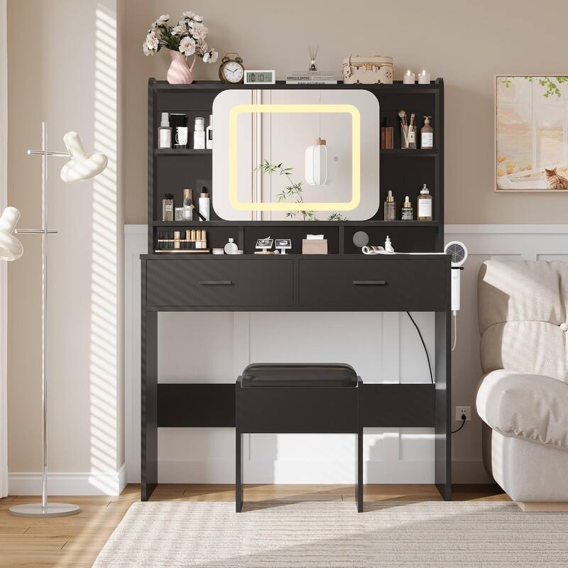 Vanity Desk with LED Mirror and Stool, Drawers, Storage Shelves, Charging Station - Black