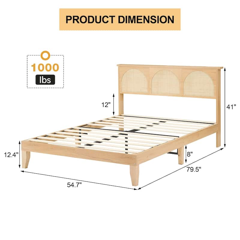 Wooden Bed Frame with Natural Rattan Headboard