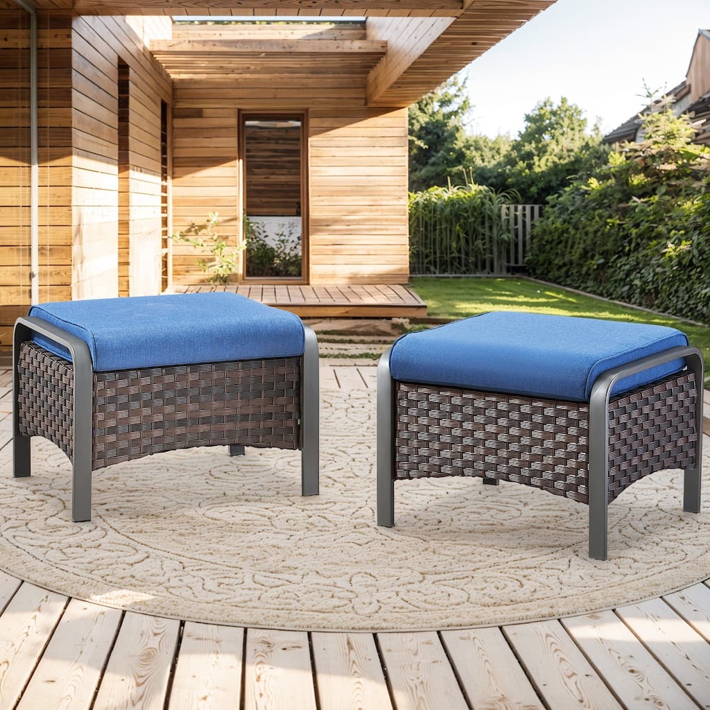 Outdoor Footstool with Removable Olefin Cushions - Blue Cushion - Brown